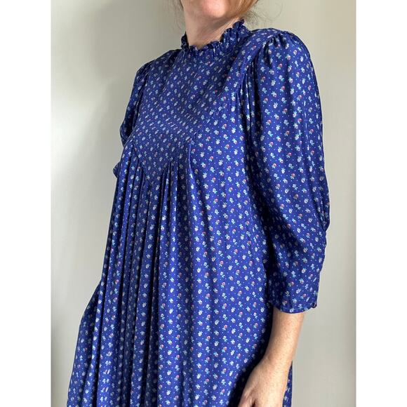 Vintage 80s Womens Midi Dress Size M 6-8 Blue Micro Floral Prt Prairie Dress - Picture 5 of 12